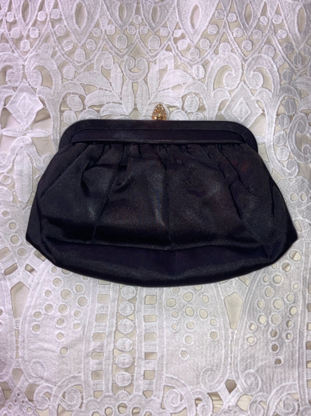 Vintage Morris Moskowitz (MM) black satin evening clutch from the 1950s